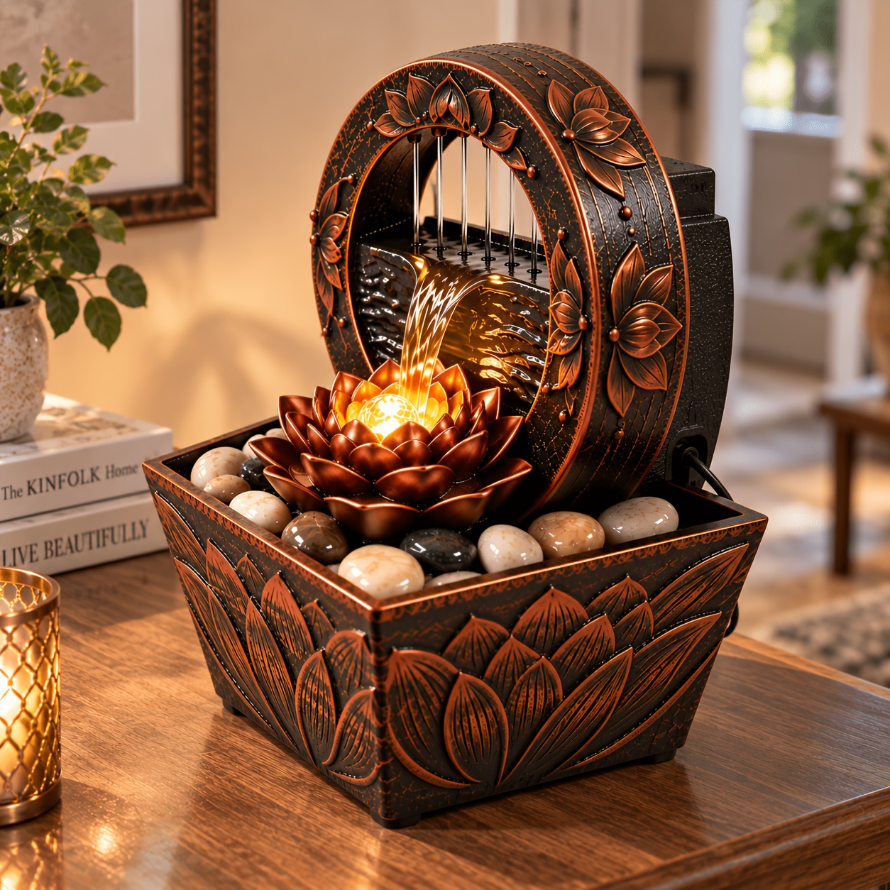 TEMU Indoor Tabletop Water Fountain With Led Light, For Lotus Flower Decorative Waterfall Fountain, Relaxing Desktop Water Feature With River Rocks