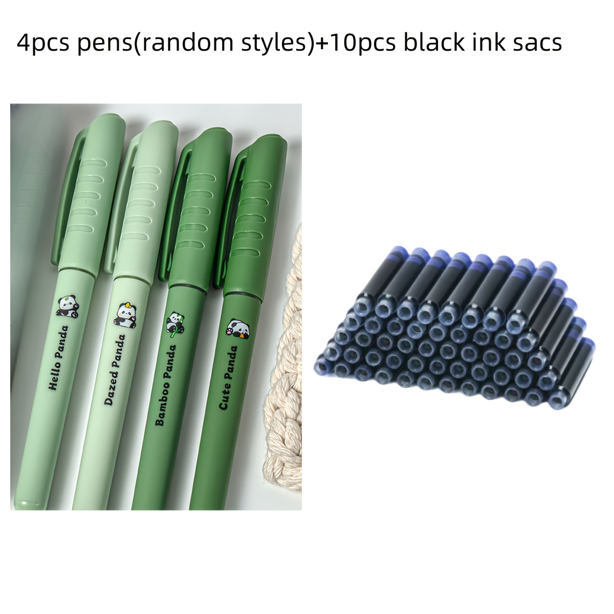 Image of A Random Set Of Direct-fill Fountain Pens, Including 10 Replaceable Ink Cartridges, For Smooth Writing, Suitable For Office Use. Styles: Cute Panda Edition: 2/4 Pens + 10 Black Ink Cartridges