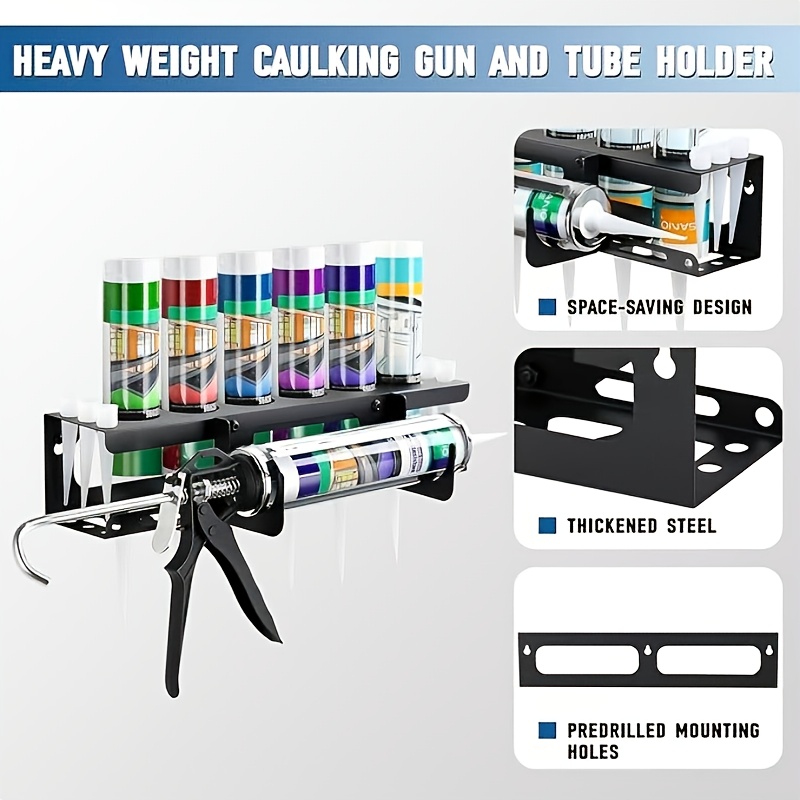 Caulking Gun Rack Tool Holder, Glue Gun and Tube Rack, Wall-Mounted Manual Loading Tool Storage Rack, Holds 6 Tubes and Loading Nozzles, Storage Box for Workshops, Shops, Garages, Storage Racks
