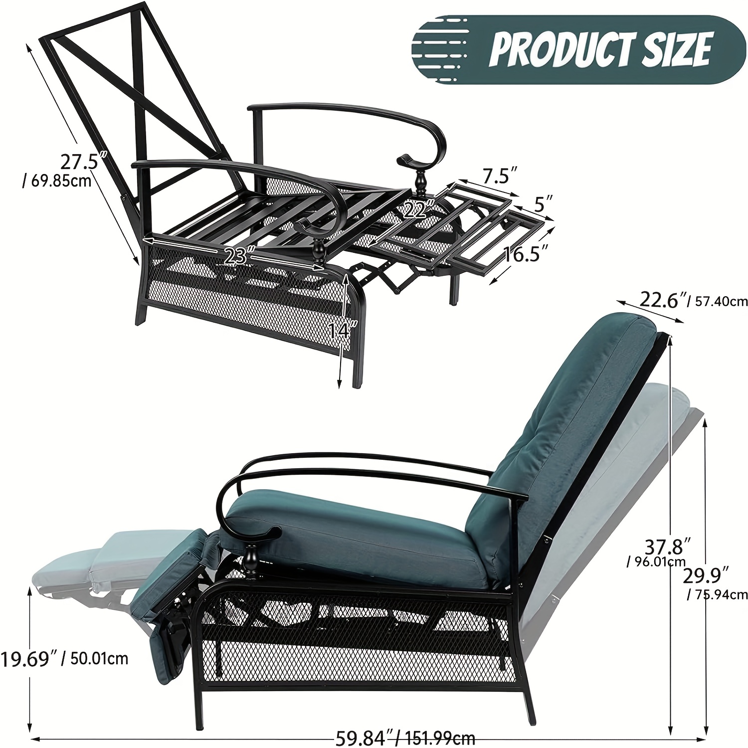 Patio Adjustable Lounge Chair, Waterproof Metal Chaise Longue With Blue Cushions, Perfect For Porch, Backyard, Pool Or Garden