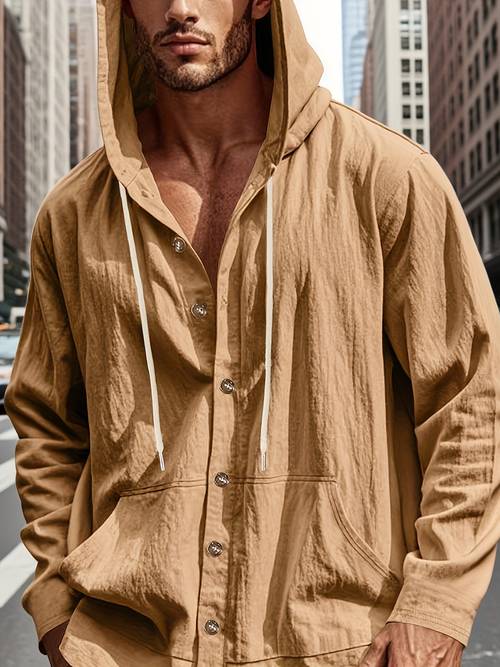 item picture mens long sleeved shirt with hood for spring and autumn loose linen casual and simple a versatile top for beach vacations
