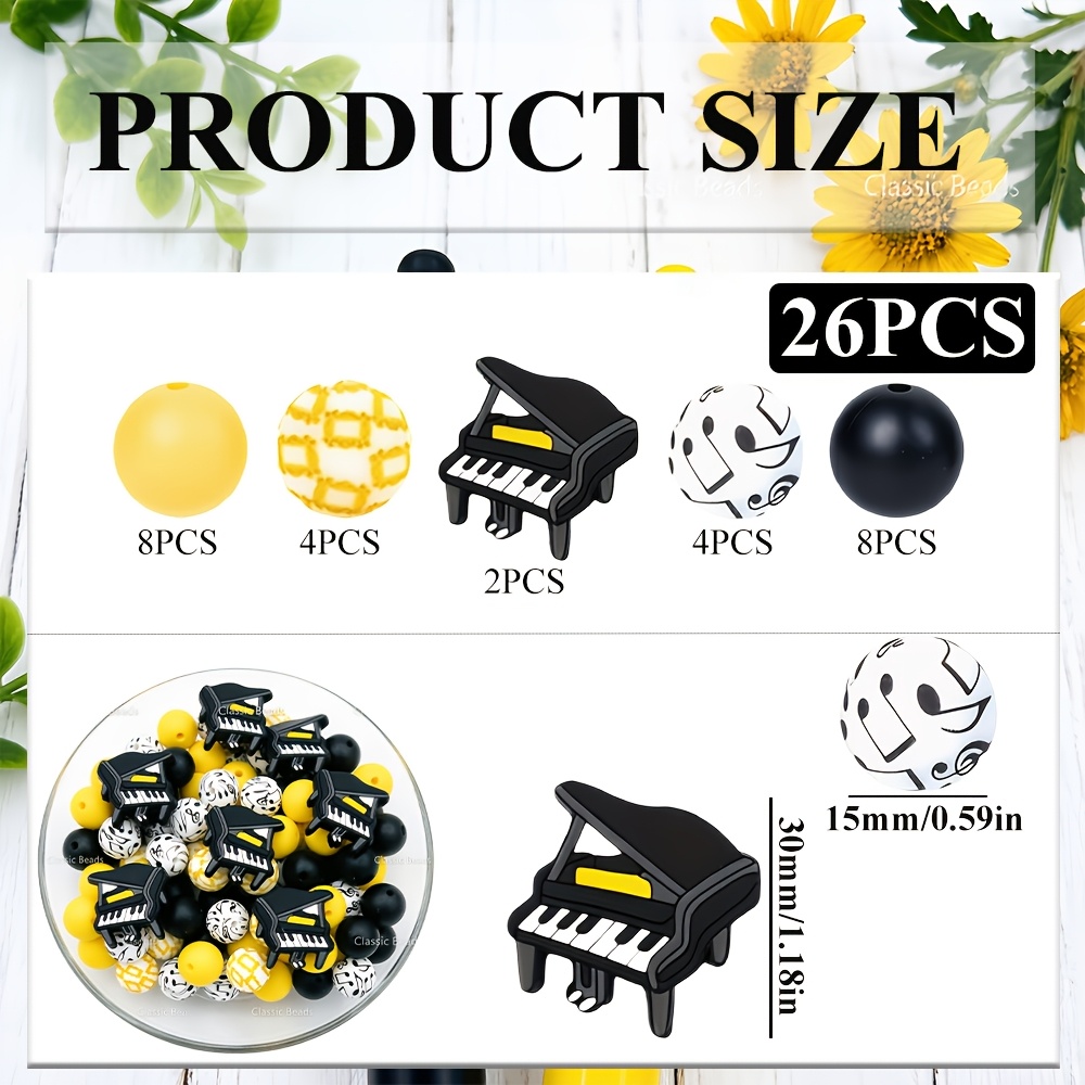 TEMU 26pcs Piano Shape Silicone Beads, Yellow Round Musical Note Print Series, Suitable For Earrings Necklace Bag Chain Phone Lanyard Makeup Brush