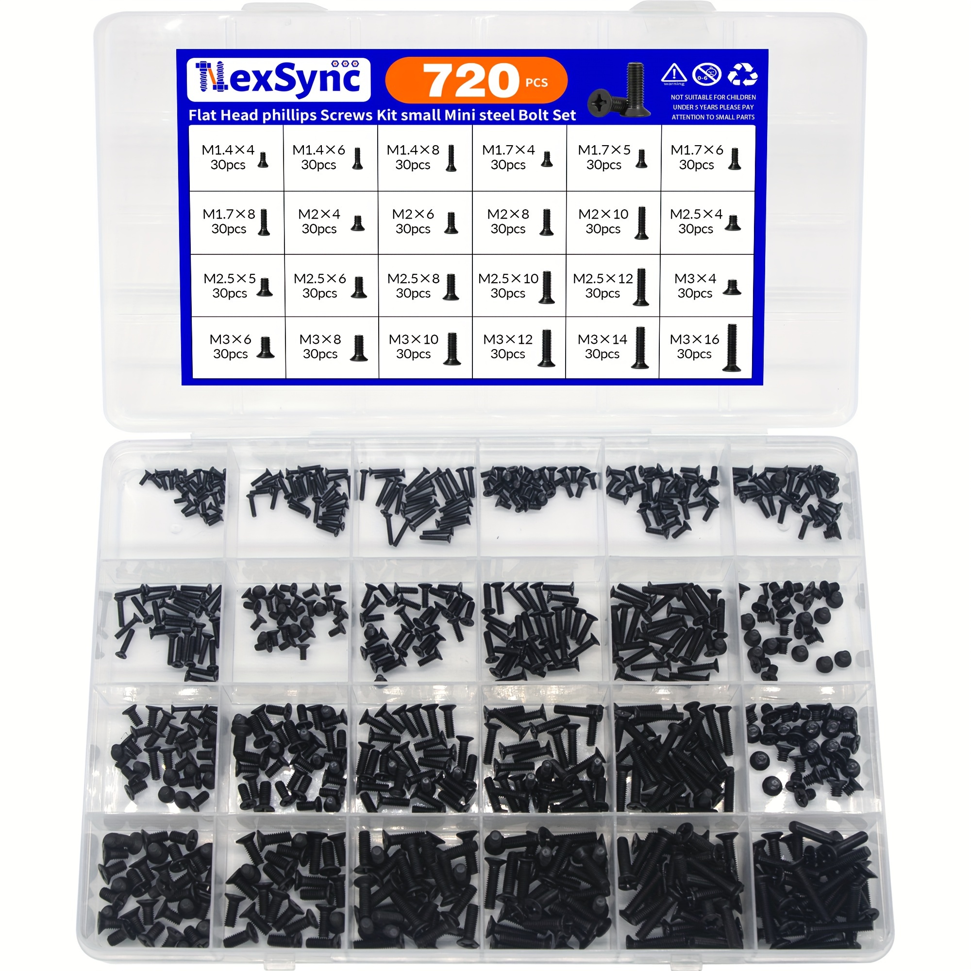 TEMU Nexsync 720pcs Mini Phillips Screw Set, Black Oxide Finish Carbon Steel - Fully Threaded, Din Standard, Thread Assortment Kit For Metal,