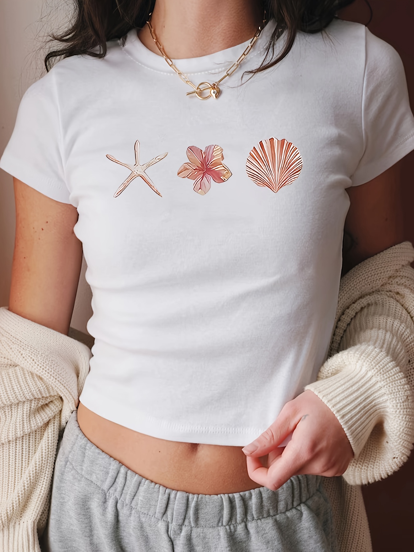 shell flower print t shirt y2k crew neck short - Temu