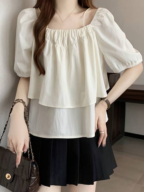 item picture french square neck puff sleeve shirt womens summer stylish suspender short sleeve doll shirt off the shoulder top