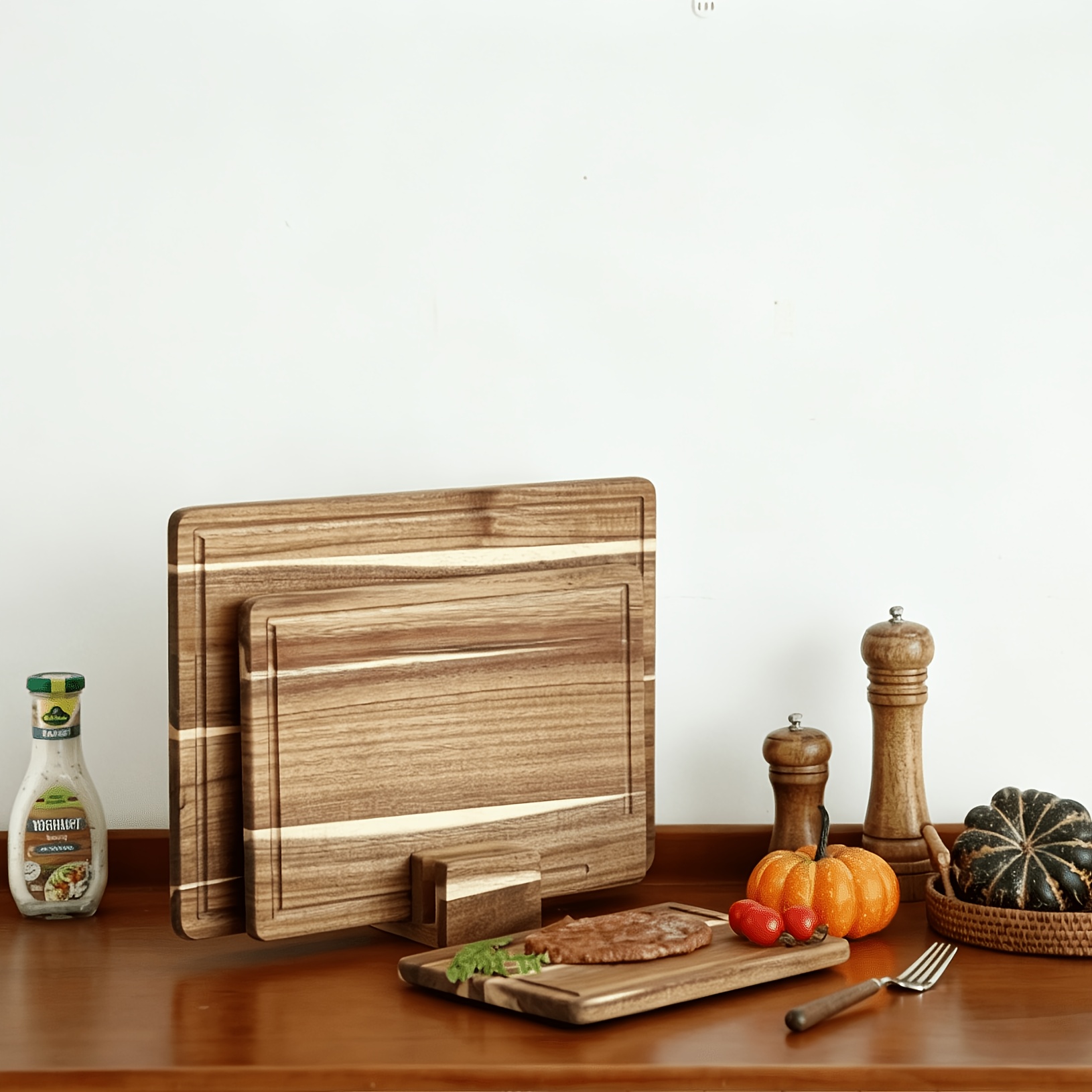 E-shop 3-teiliges Acacia-Schneidebrett-Set (40 x 30 cm / 33 x 24 cm / 26 x 18 cm), mit Brettständer, 2 cm dicke Holzbretter mit Saftkanal,