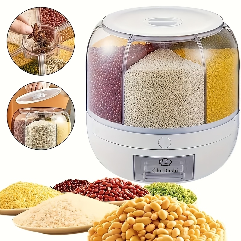 TEMU Chudashi 1pc Large Capacity Grain Storage Container, Rotating 6-compartment Rice Bin, Rice Dispenser, Moisture-proof And Insect-proof Sealed