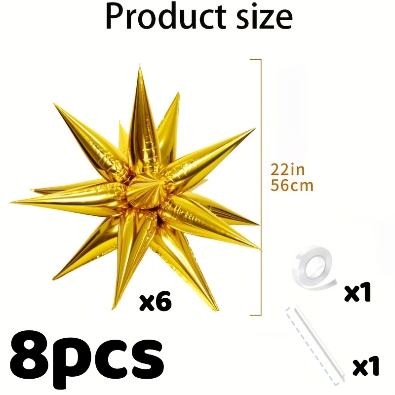 TEMU 8pcs Foil Balloon Cluster, Including 6pcs Starburst Balloons, 1 Roll Ribbon And 1pc Straw, Cone Balloons For Large Birthday Wedding Anniversary
