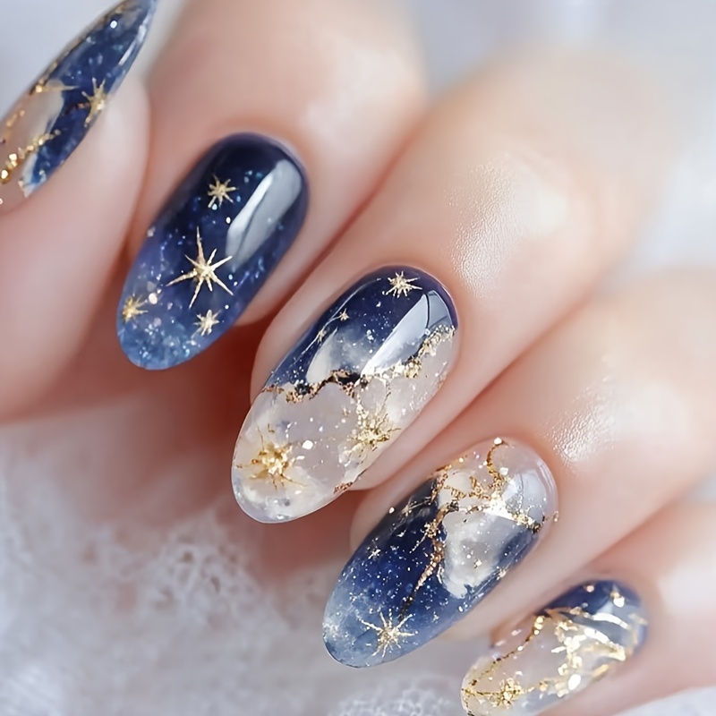 24pcs Glossy Short Oval Press On Nails Blue Starry Sky With Golden Quicksand Design Fake Nails Artificial Finger Manicure False Nails For Women