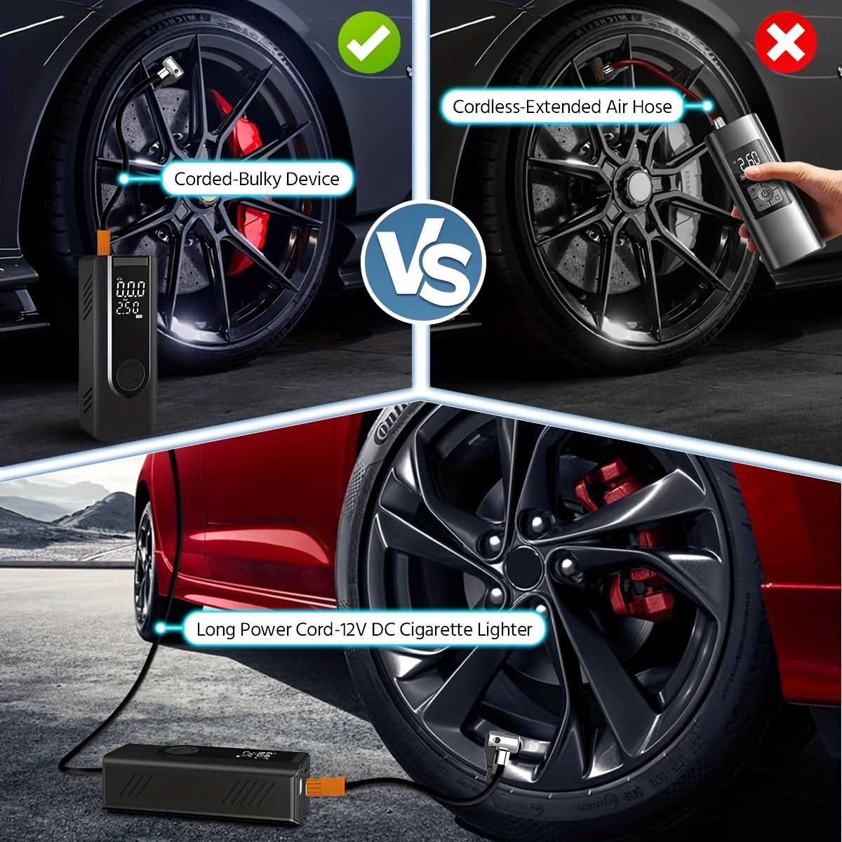 Portable Tire Inflator & Air Compressor - Cordless 150 PSI With 3X Longer Hose For Cars, Bikes, Balls