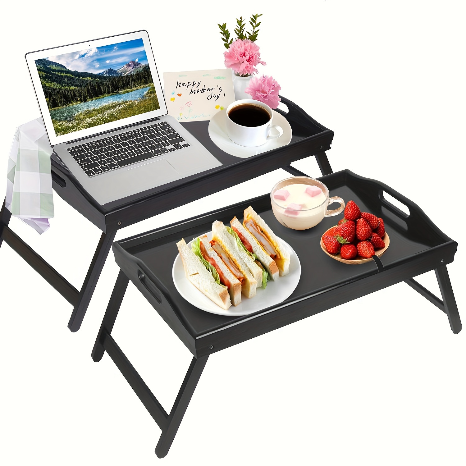 

Christmas Gift Large Bed Tray Table With Foldable Legs, Bamboo Tray With Handles Ideal For Sofa, Bed, Eating, Working, Used As Laptop Desk Snack Tray, 1/2pcs, Black