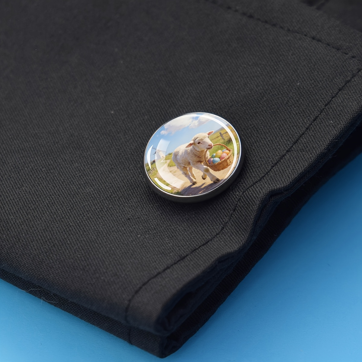 Cufflinks with Glass Inlay Sheep Holding Easter Basket