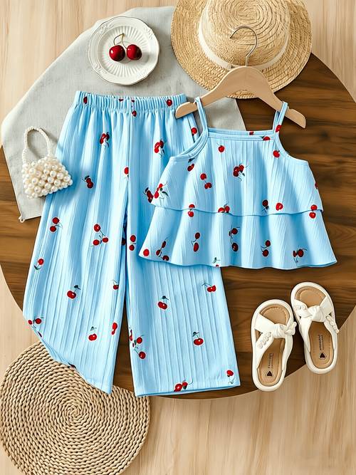 2pcs girls long pants set cute summer outfit cream colored cherry print spaghetti strap camisole wide leg pants 2pcs set outdoor