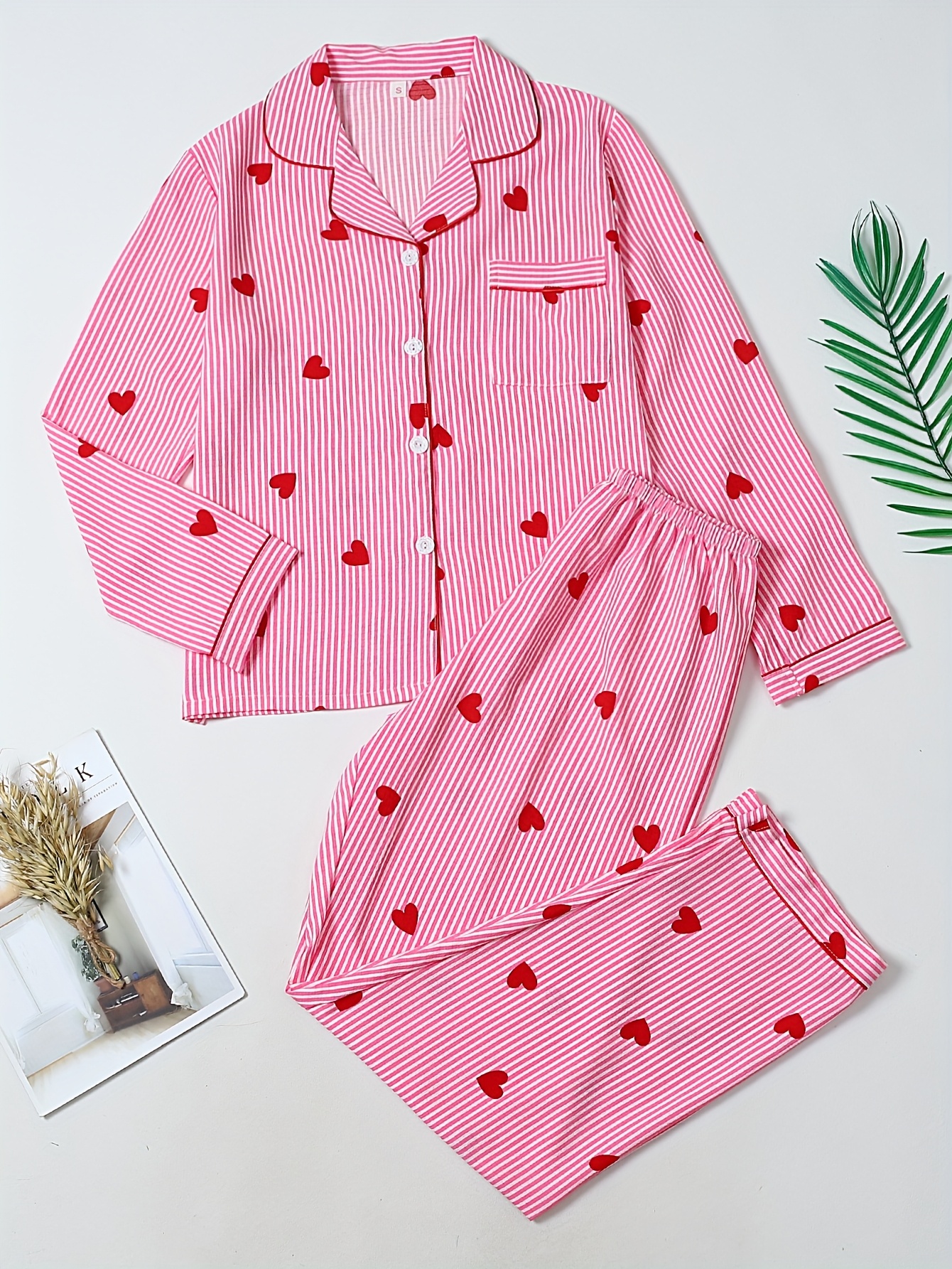 2pcs womens pajama set spring summer collared long sleeve and long pants cardigan for fall winter cute striped   print
