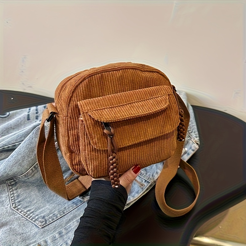 TEMU Retro Harajuku Style Women's Corduroy Crossbody Bag, Japanese Design, Adjustable Shoulder Strap, Zipper Closure, Striped Pattern, Suitable For