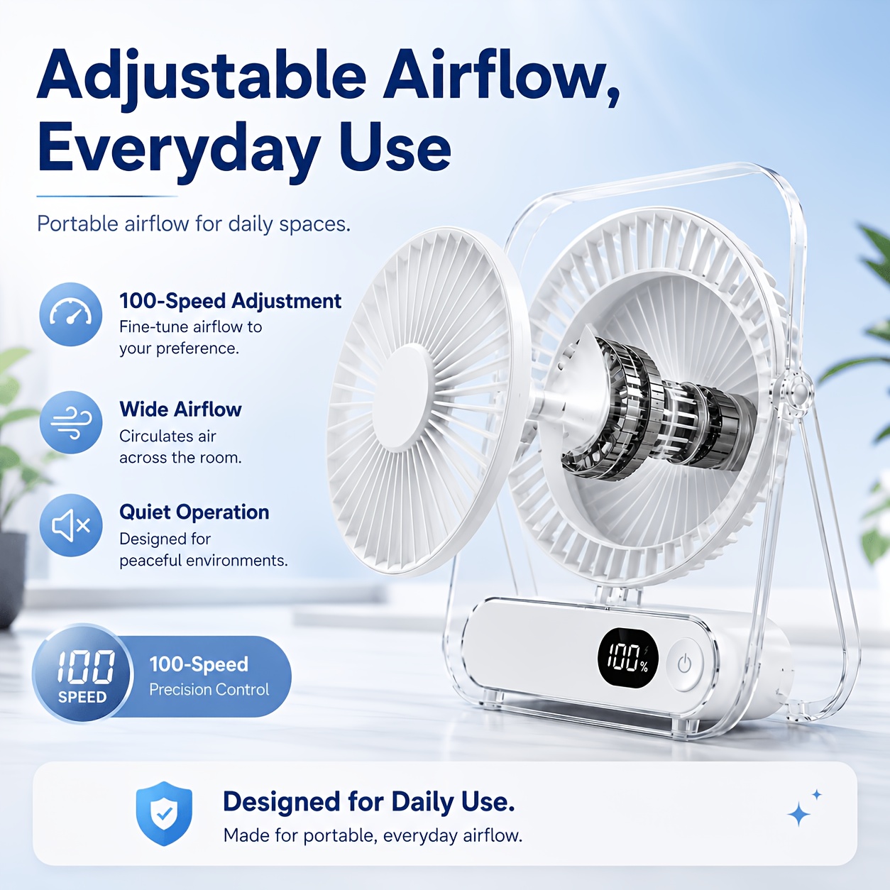 Portable 5-speed Fan, Usb Rechargeable Desktop Fan With Adjustable Hanging Stand, Wall-mounted And Hanging Fan For Home, Office, Travel, Camping, And Outdoor Use