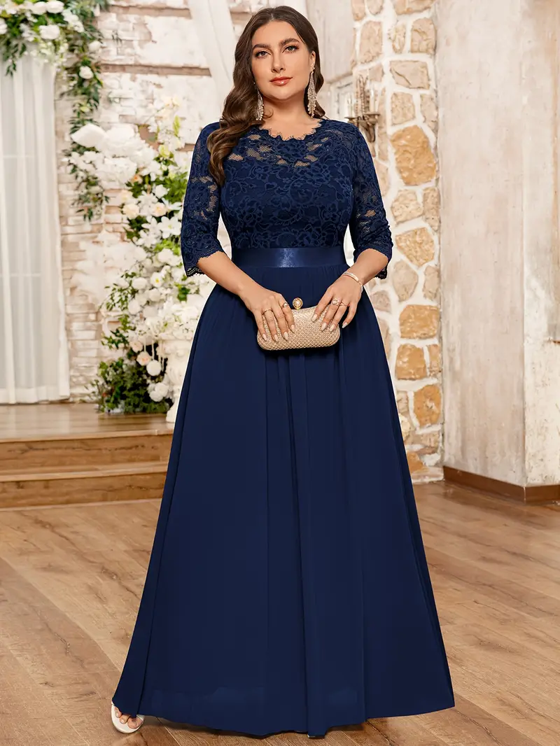 Plus Size - Plus Size - P2001 Elegant Plus Size Floral Lace Chiffon Gown, Round Neck, 3/4 Sleeves * Formal Events, Weddings, Parties Plus Size - Plus Size - P2001 Elegant Plus Size Floral Lace Chiffon Gown, Round Neck, 3/4 Sleeves * Formal Events, Weddings, Parties
