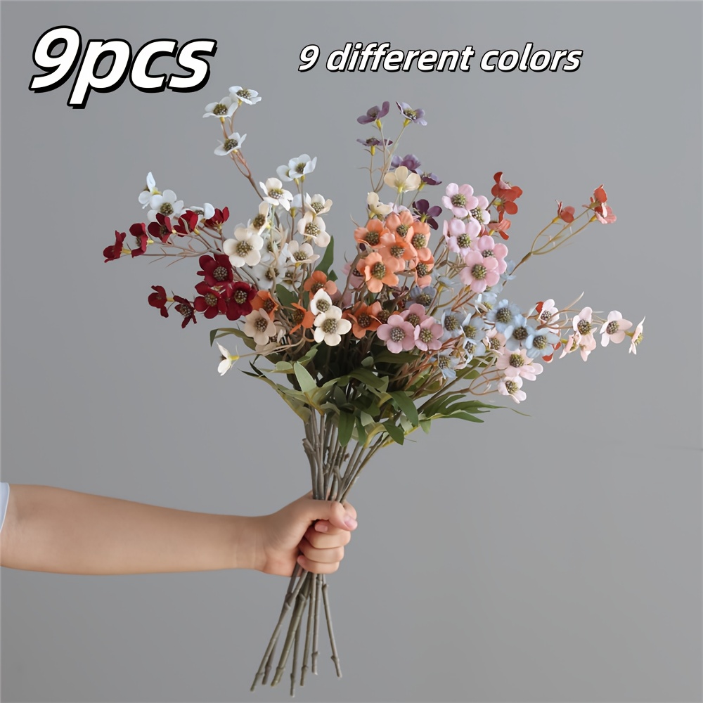 Image of 9pcs Mixed Color Long Branch Artificial Flowers, Small Plum And Silk Fake Flower Set For Home Decor, Autumn Décor, Rustic Indoor Table Centerpiece