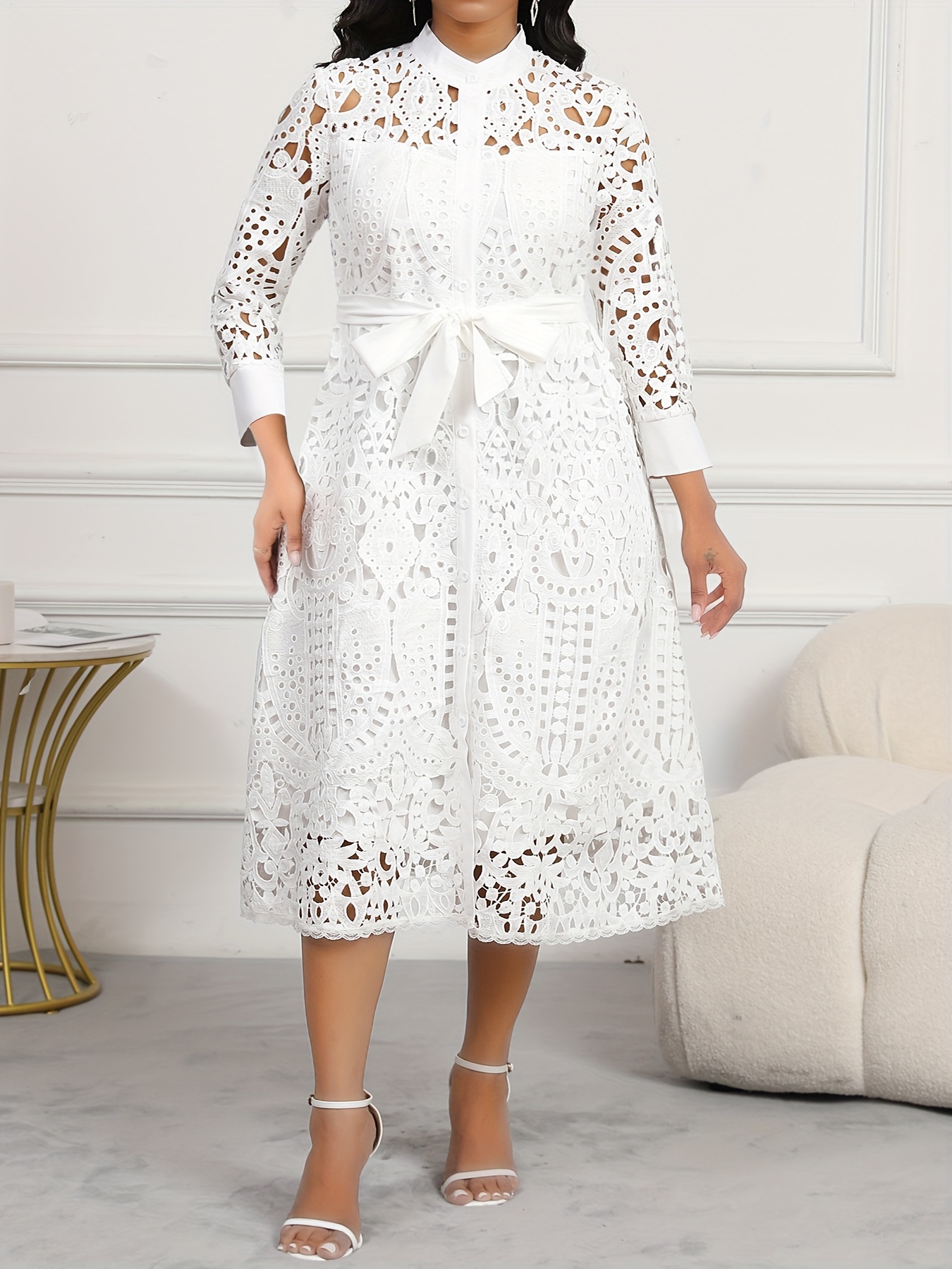 Elegant White Lace Midi Dress with 3/4 Sleeves and Belt Detail, Button-*  Breathable Fabric * Casual or Semi-Formal Occasions, Lace Dress, Occasion  Wear, Nontransparent Fabric