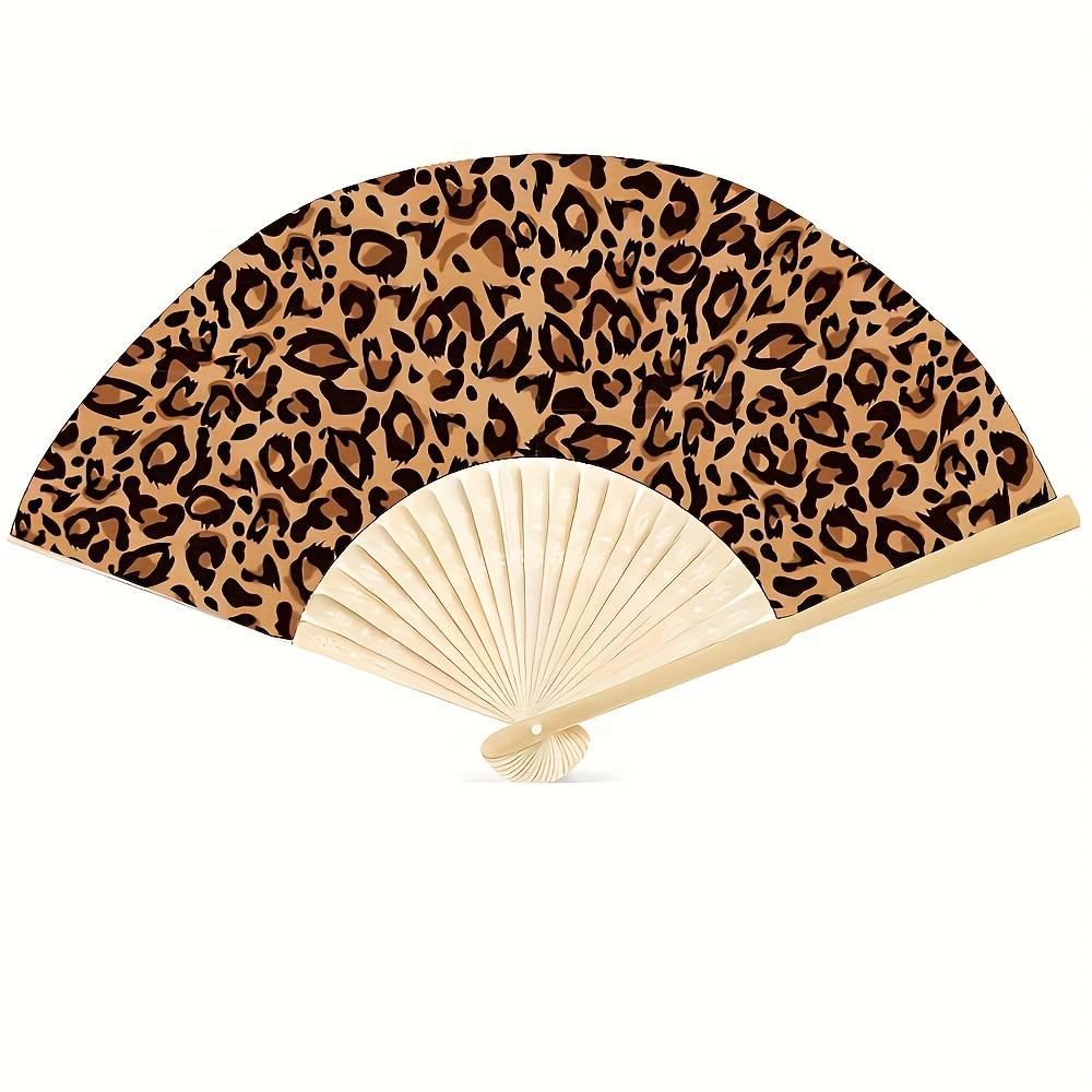 TEMU 1pc/5pcs Leopard Print Folding Bamboo Hand-held Fan Print Birthday Party Favors For Wild Animal Leopard Theme Birthday Party Supplies Bridal