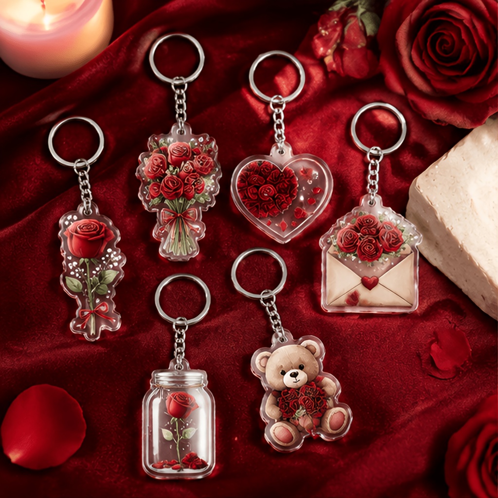TEMU 2D Plat - [2D Plat] Lot de 6 porte-clés transparents en acrylique avec motif de cœur et de , cadeau de Saint-Valentin et breloque pour sac
