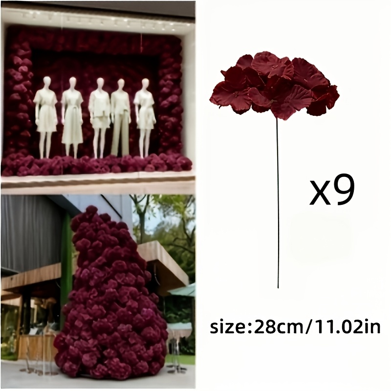 TEMU 9-teilig künstliche Hortensienblumen in Weinrot, leichter Luxus-Stil mit Drahtstielen | Geeignet für die Hochzeitssaison, /Partys, Muttertag,