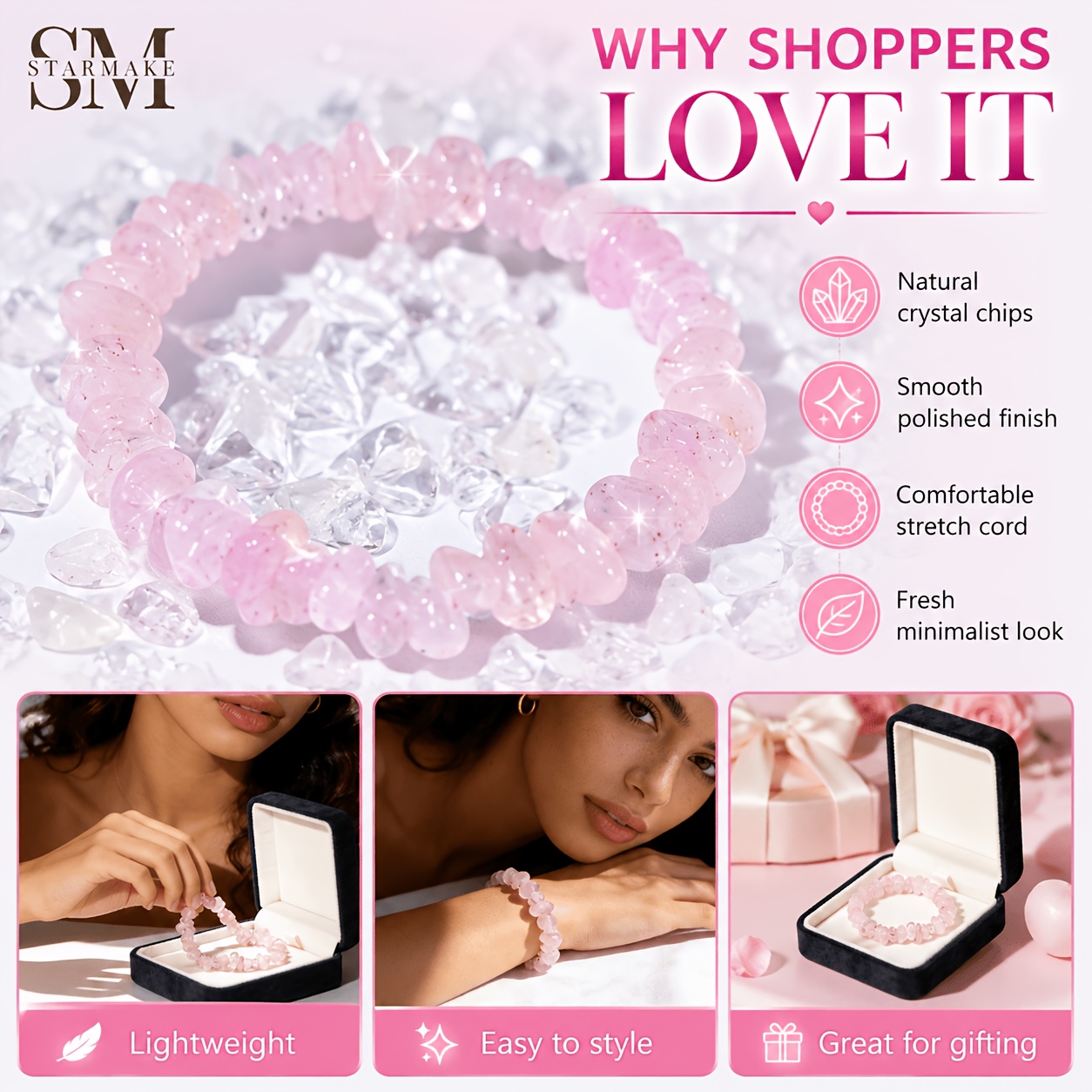 Women's SM Rose Quartz Chip Stretch Bracelet, Boho Style