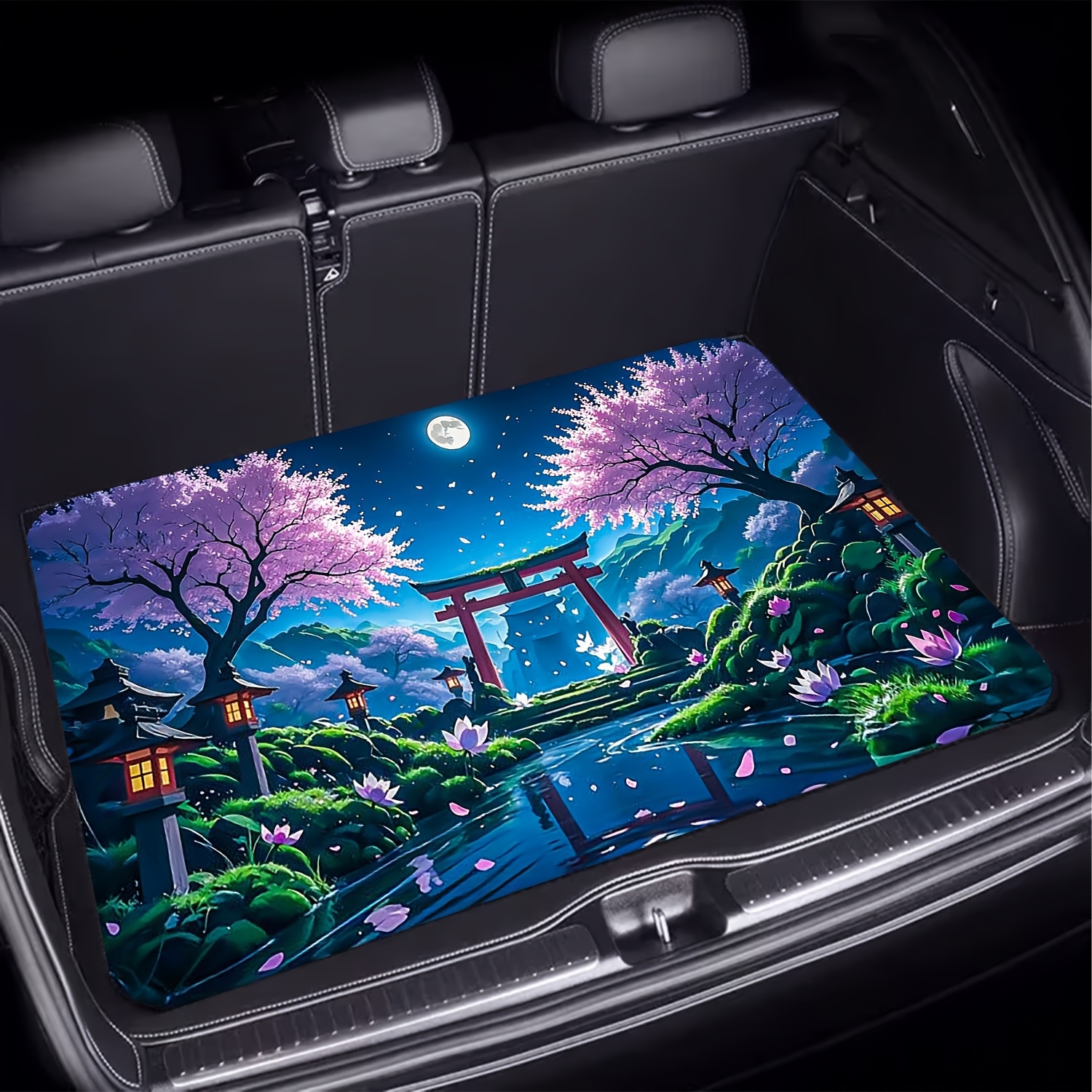 TEMU 1 Japanese-style Wafuu Sakura Night Polyester Fiber Car Trunk Mat, Night Torii Landscape Print, A Must-have For Travel, Suitable For Car Models,