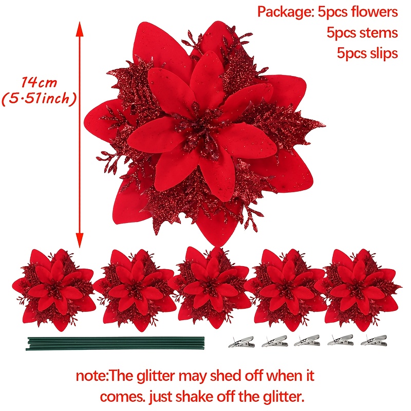 TEMU 15pcs (5 Flowers And 5 Clips And 5 Stems) Red Artificial Christmas Poinsettia Flowers With Clips, 5.5 Inch Glitter Faux Christmas Flowers.