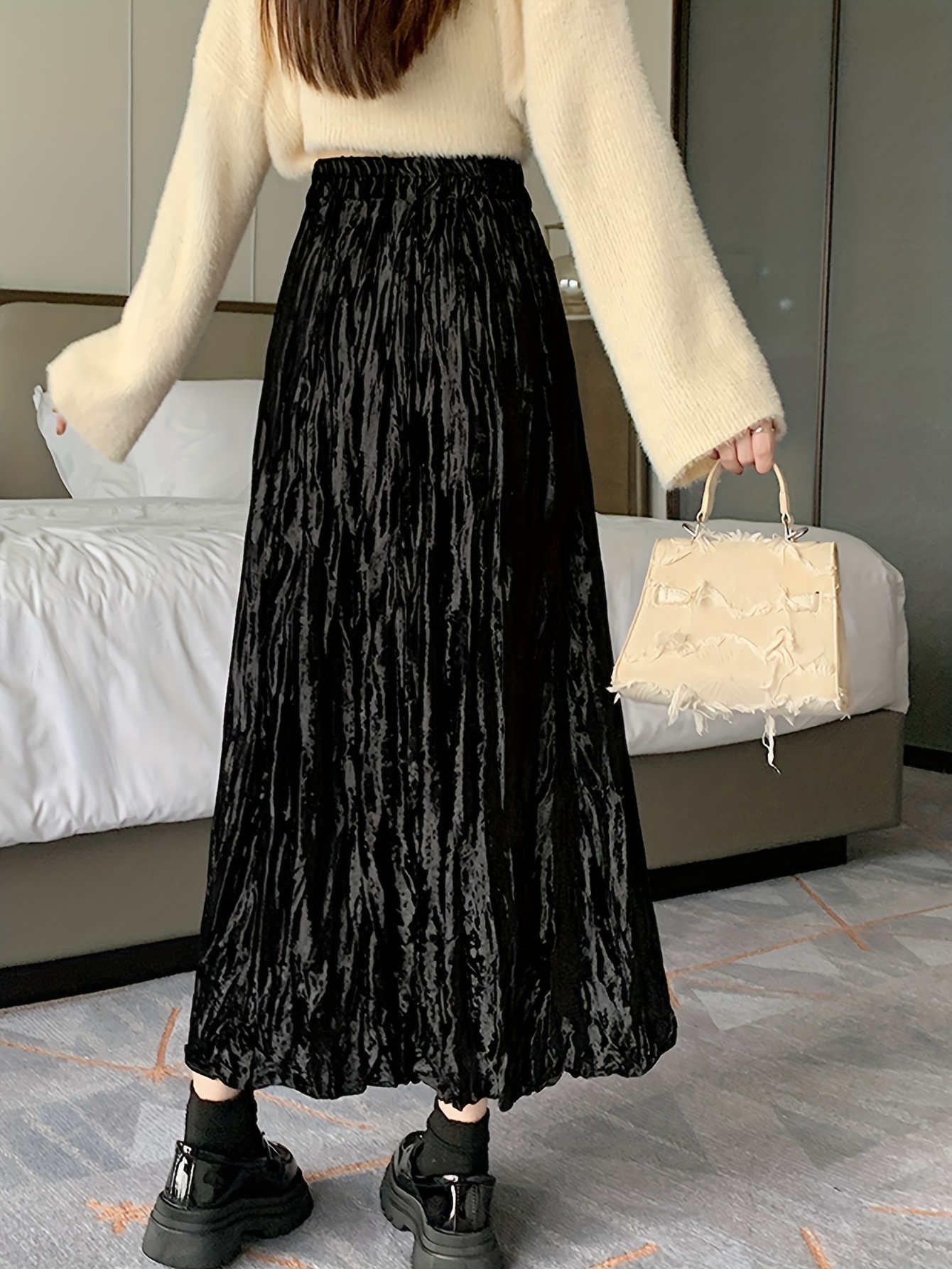 falda terciopelo mujer falda larga negra otoño/invierno 2024