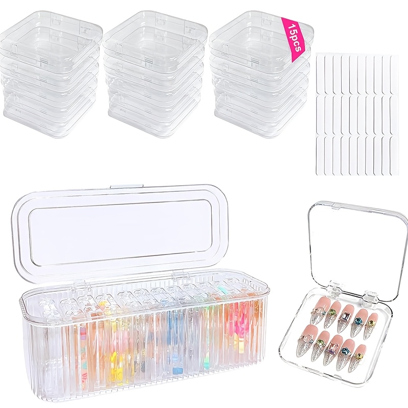 TEMU Press On Nail Organizer Box Kit, 15pcs Clear Press On Nail Storage Boxes And 1 Large Container Box, 30pcs Adhesive Tape, Fake Nail Organizer