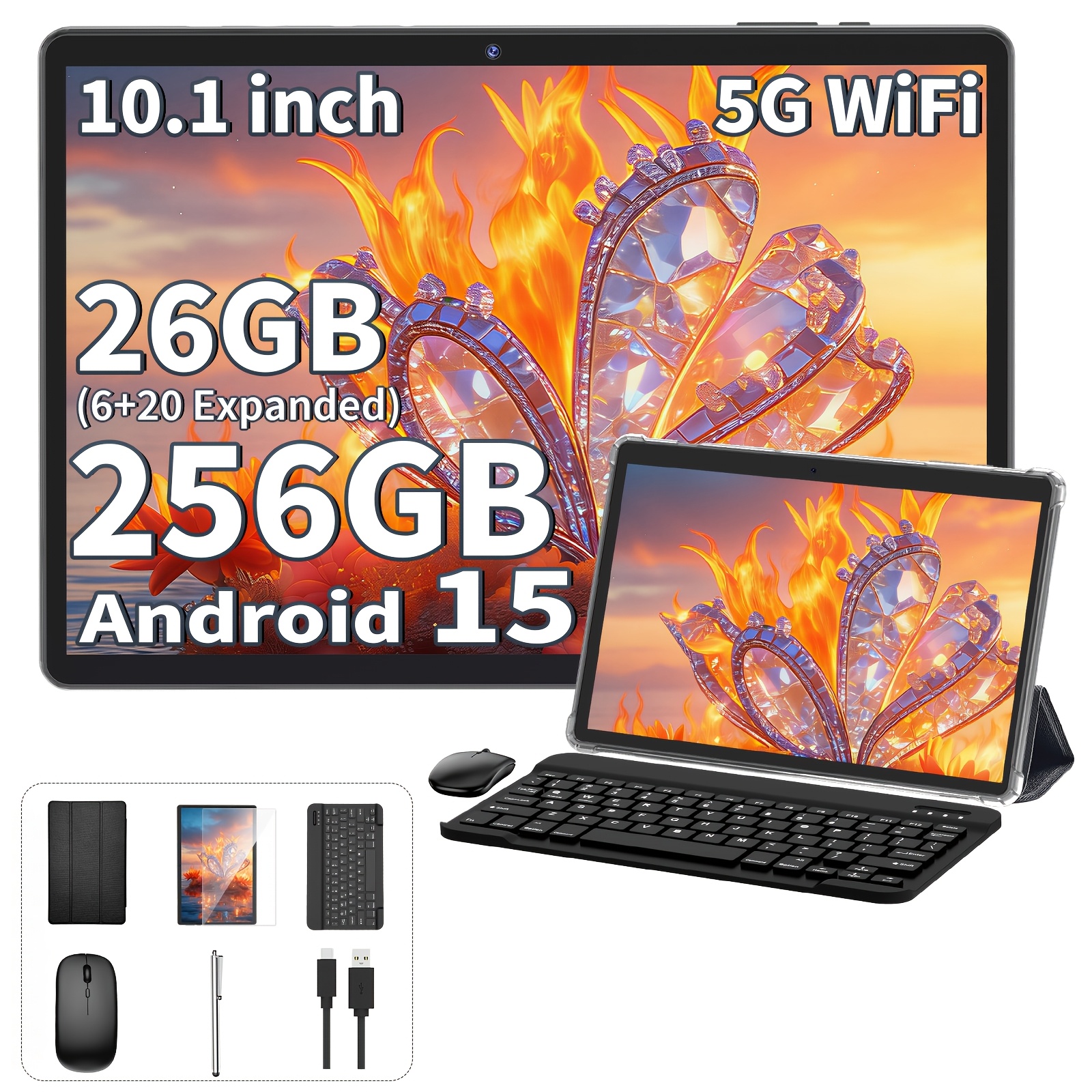 Image of Tb02 26(6+20)gb + 256gb Rom Upgrade 15 Tablet, 10.1-inch Tablet With Keyboard, Mouse, Stylus & Case - 1tb Expand, 1280x800 Hd Ips, 2.4g/5g Wifi, Type-c, For Office Study & Gift, Tablet, Pad