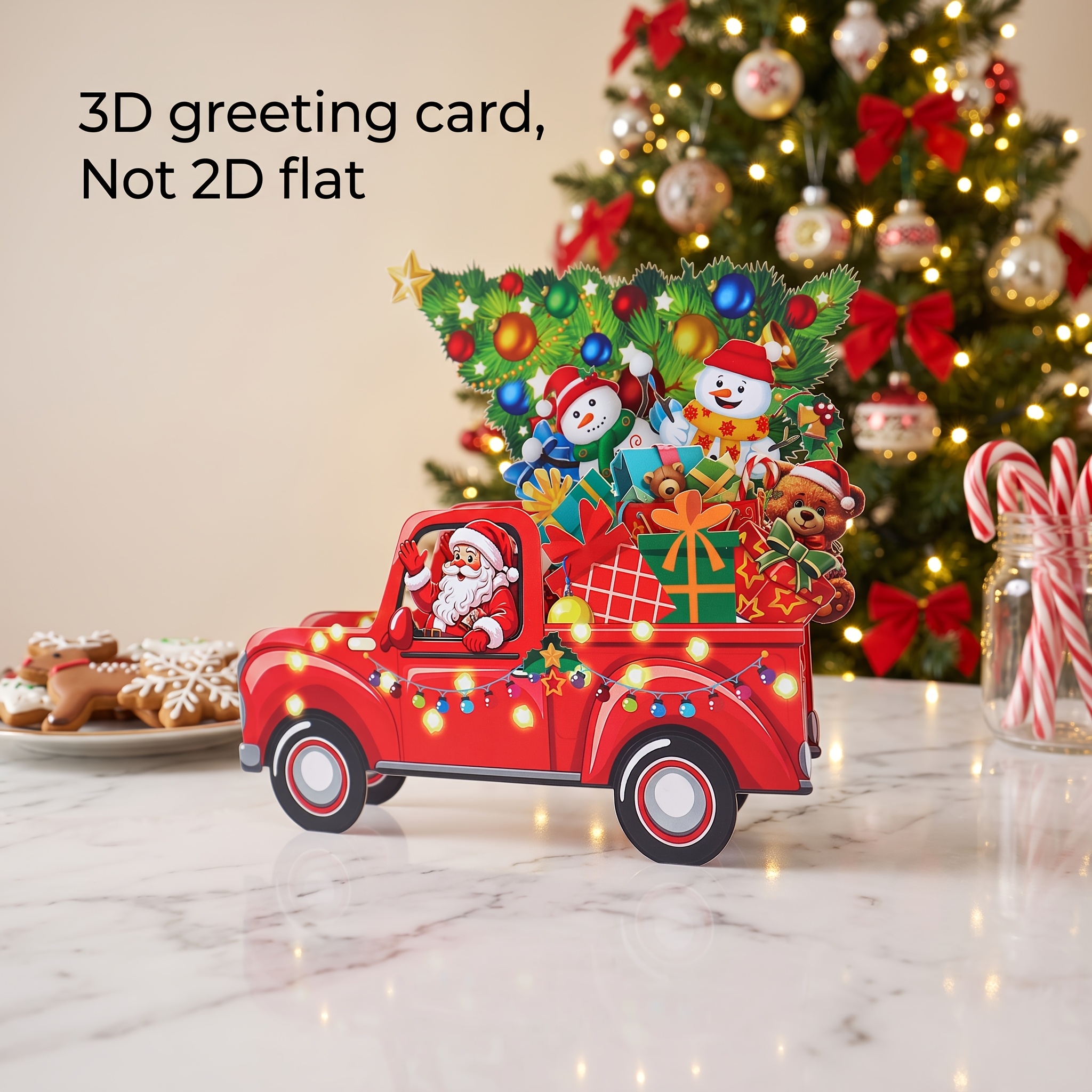 TEMU Christmas Truck 3d Pop-up Card (with Envelope And Message Card) Vintage Pickup Truck Carrying Santa Claus, Snowman, Teddy Bear, Christmas Tree,