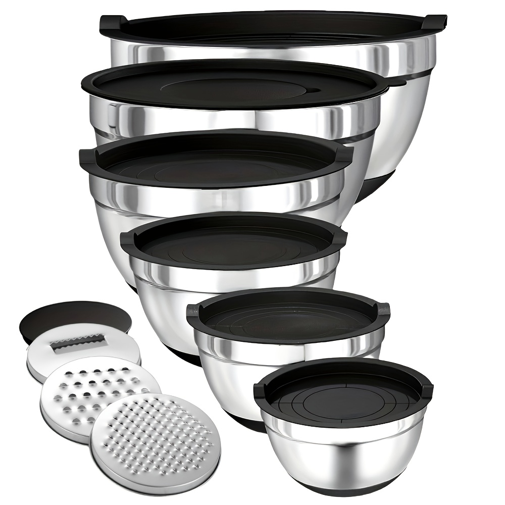 TEMU 15pcs Set Of Grindable Mixing Bowls With Lids - Non-slip Stainless Steel And Silicone Base - Includes 3 Grinders - Mixing, Baking, Serving, And