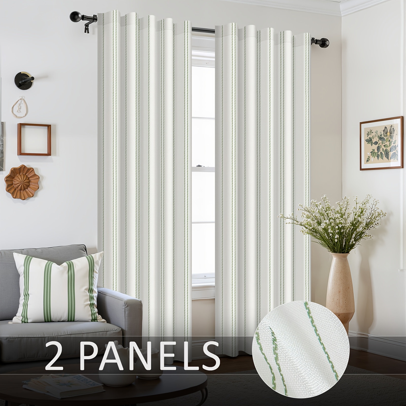 TEMU Rideaux 2 Panneaux, W52 X L84 Pouces, Rideaux à Rayures avec Œillets, Rideaux Occultants pour Chambre et Salon, Style Ferme Moderne Minimaliste,
