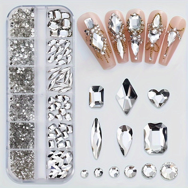 

1 Box Of Glass Rhinestone Set, Suitable For Nail Art Diy Decoration, Including Heart, Rhombus, Rectangle, And Water Drop Shaped Nail Art Sets