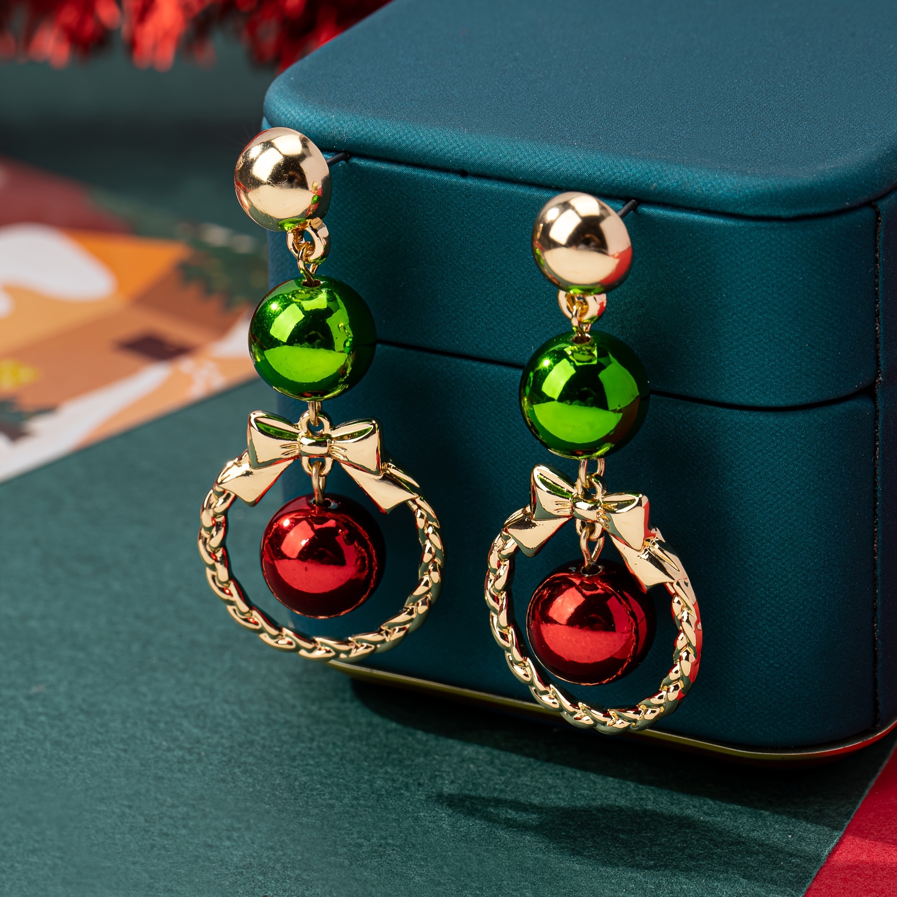 TEMU 2pcs Boucles d'oreilles de Noël pour femmes, avec nœud papillon et perles colorées, parfaites pour les fêtes et les célébrations de Noël et du