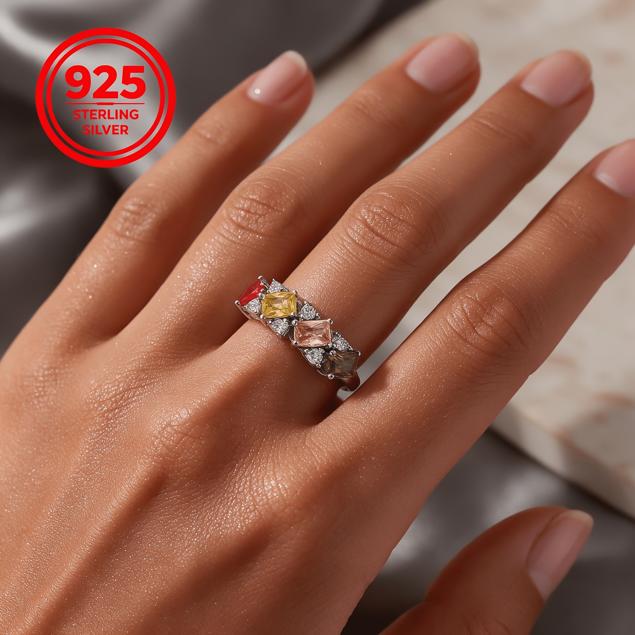 Women's 925 Silver Adjustable Colorful Square Ring