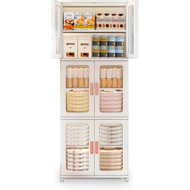 3-layer Storage Box With Lid And Door, With Wheels - Stackable Plastic Food Cabinet, Cabinet, Closet, Foldable Kitchen Storage Box, Foldable Storage Box - For Book Snacks And Bathroom Storage Box