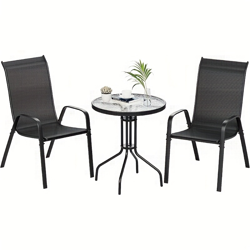 Image of 2 Stackable High-backed Chairs + Patio Table Round- Tempered Glass, Garden Furniture Set, Balcony Set, For Patio, Balcony, Garden