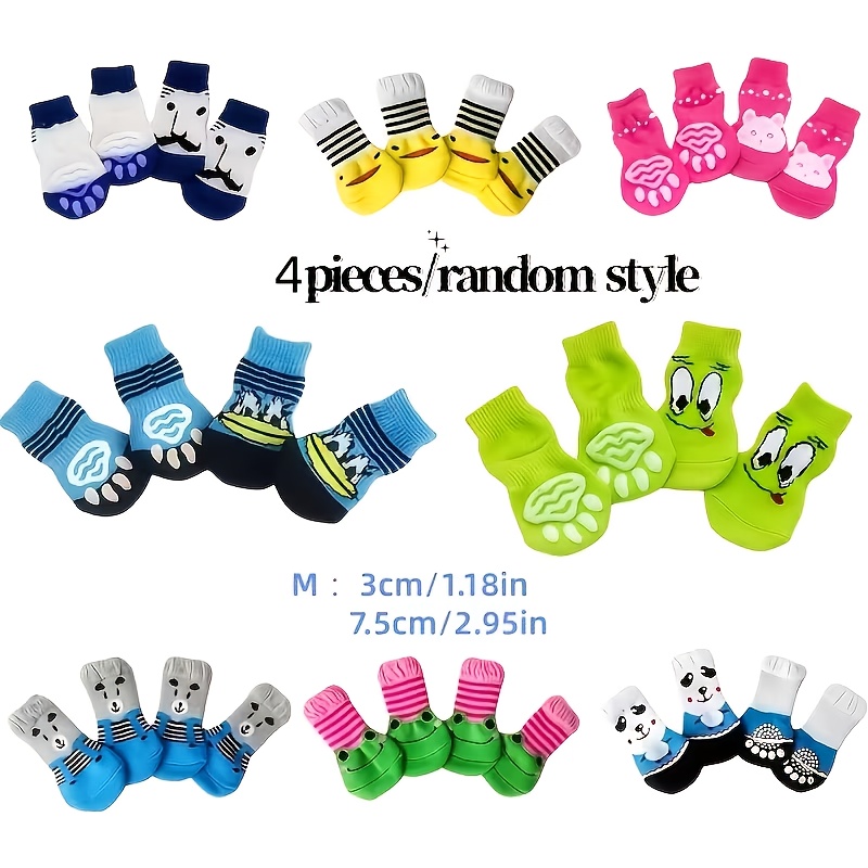 TEMU 4pcs Random Style Non-slip Dog Socks - Durable Polyester Paw Protectors To Prevent Licking, Suitable For Indoor/outdoor Dogs And Cats,