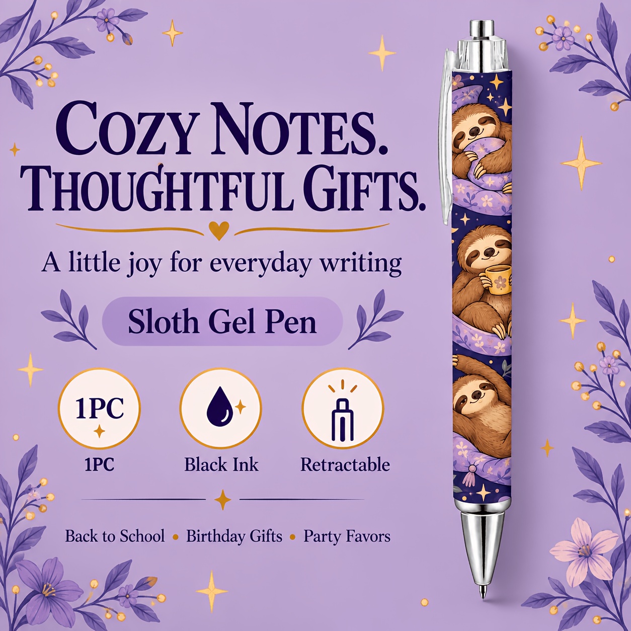 TEMU 1pc Cozy Sloth Gel Pen, Black Ink, Design, Back-to-school Stationery, Birthday Gift & Party Favor
