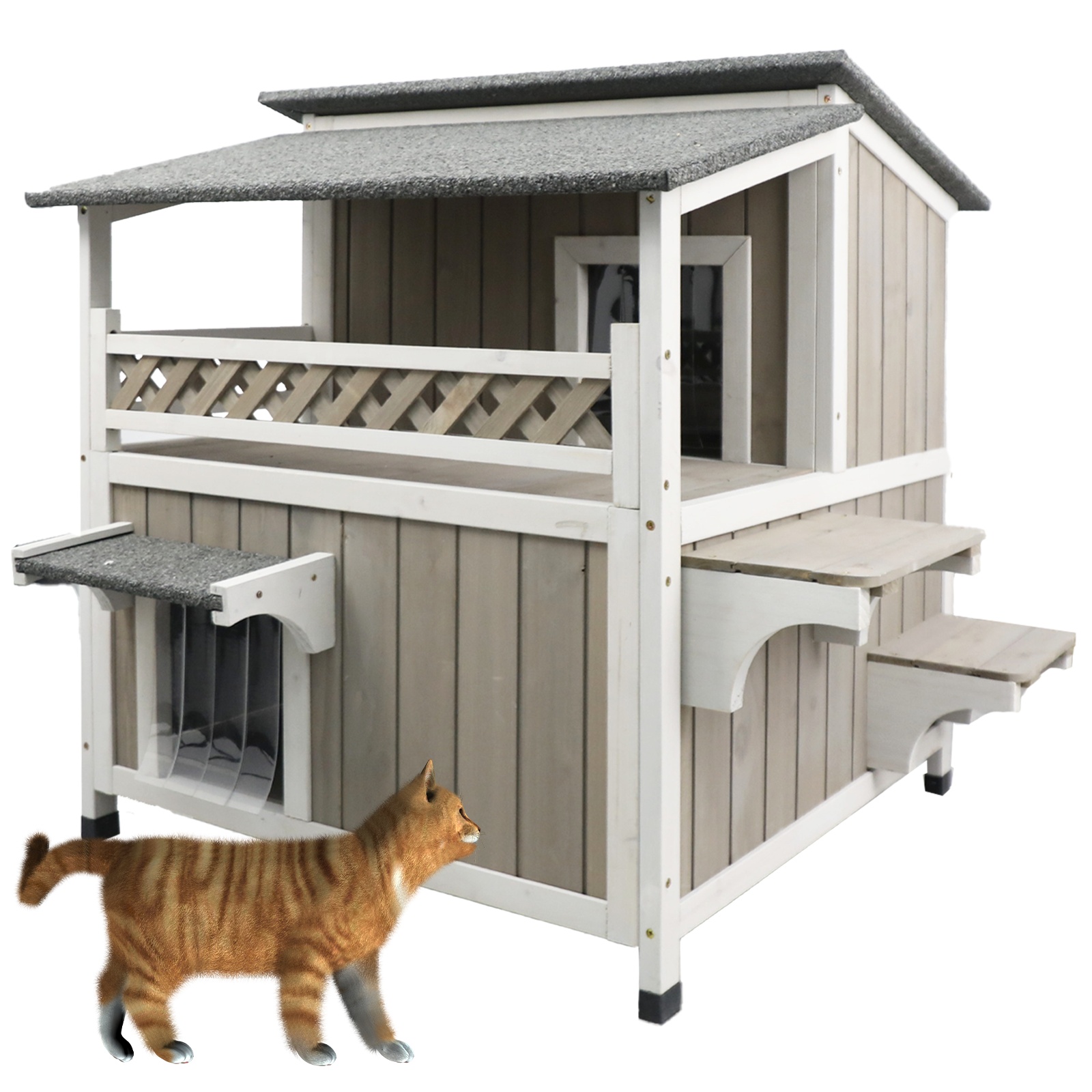TEMU Large 2 Story Outdoor Cat House | Weatherproof Feral Cat Shelter , Indoor Cat Condo, Escape Door, Openable Asphalt Roof -