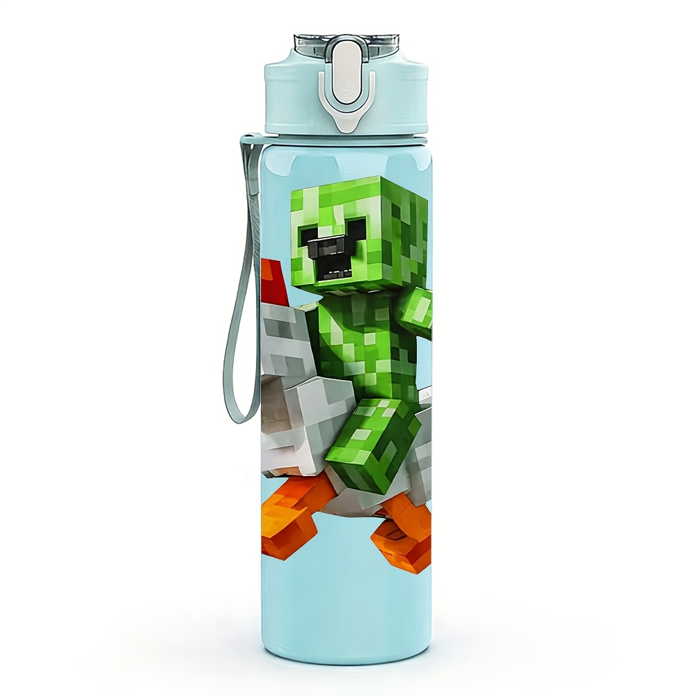 TEMU 1pc Block-based Game Creeper Riding A Chicken, 750ml/26oz Colorful Plastic Sports Water Bottle, Cute Print, Leak-proof With Pop-up Lid, Suitable
