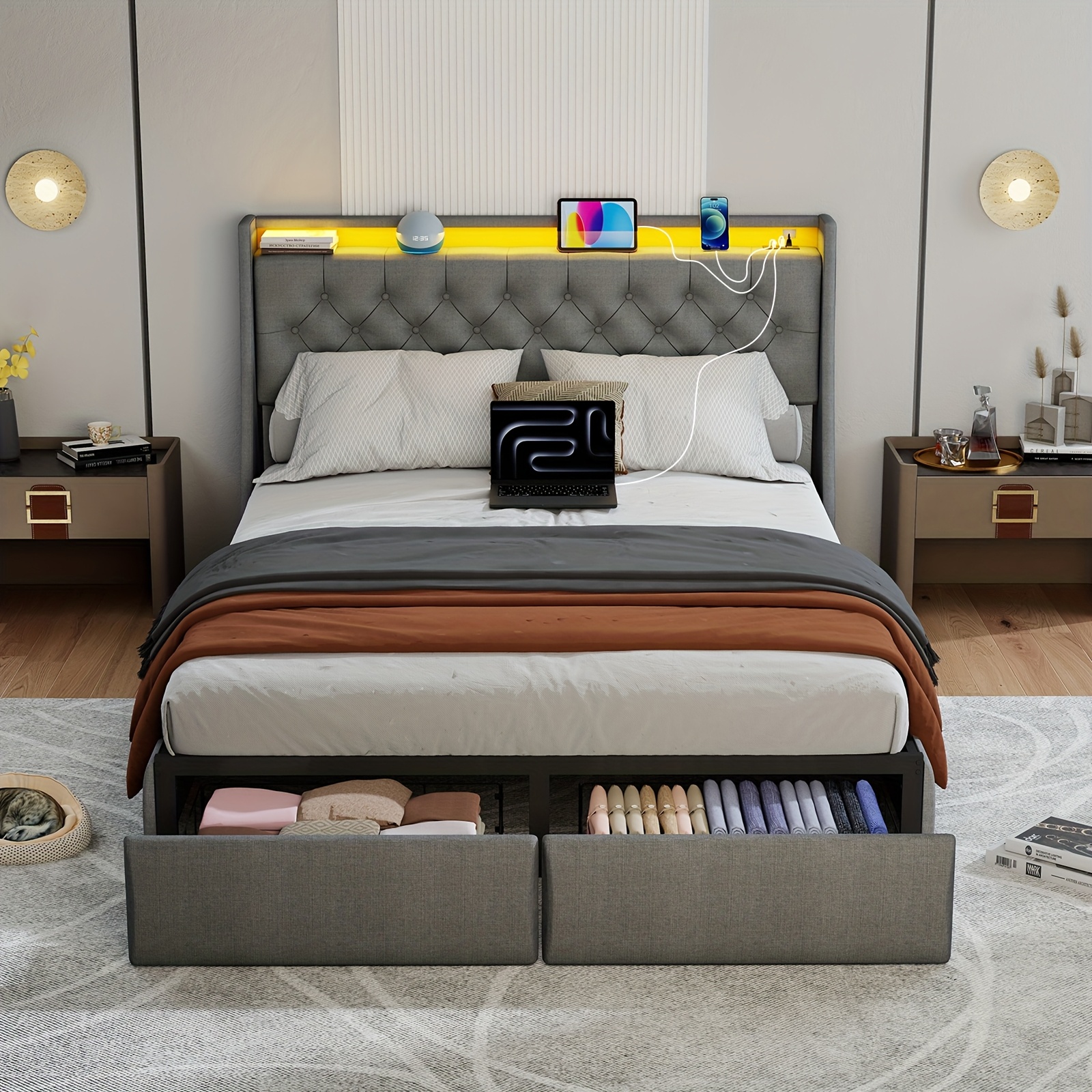 TEMU Full Queen Bed Frame With Storage Headboard And 2 Drawer, Metal Full Queen Size Bed Frame Platform With Led Light, Charging Station, Spring