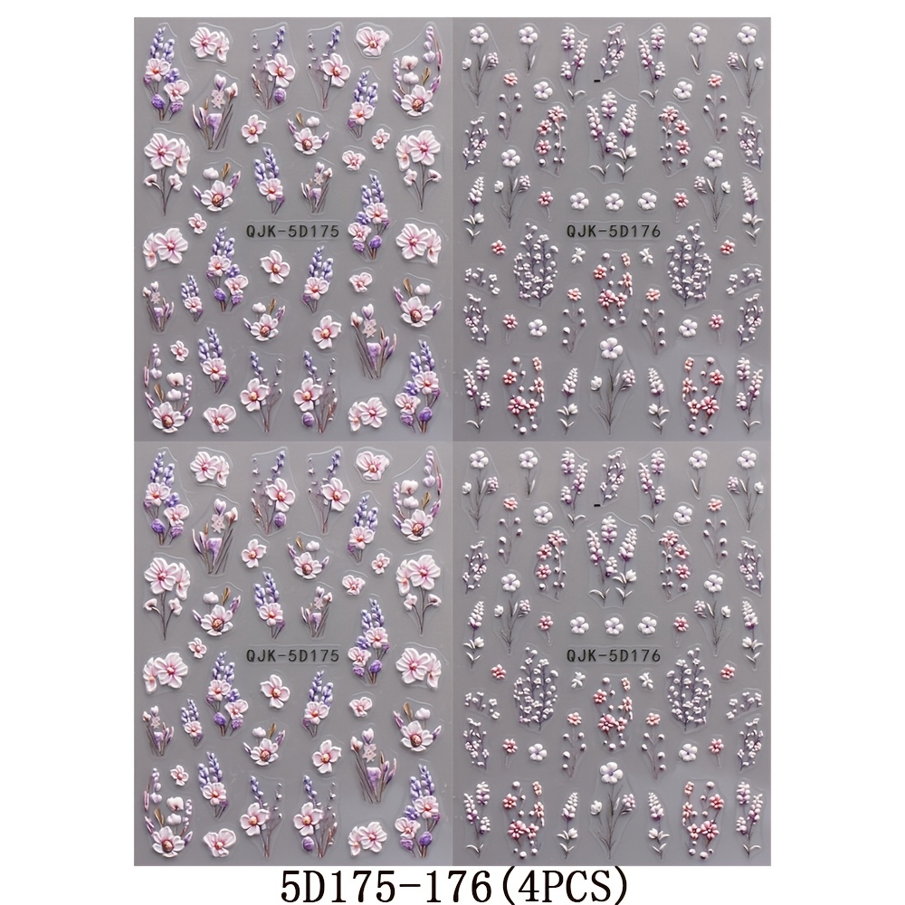 Image of 4pcs Purple Floral Nail Stickers Spring Summer 5d Embossed 3d Small Flower Leaf Acrylic Nail Decals Set, Self-adhesive Nail Art Accessories For Women And S