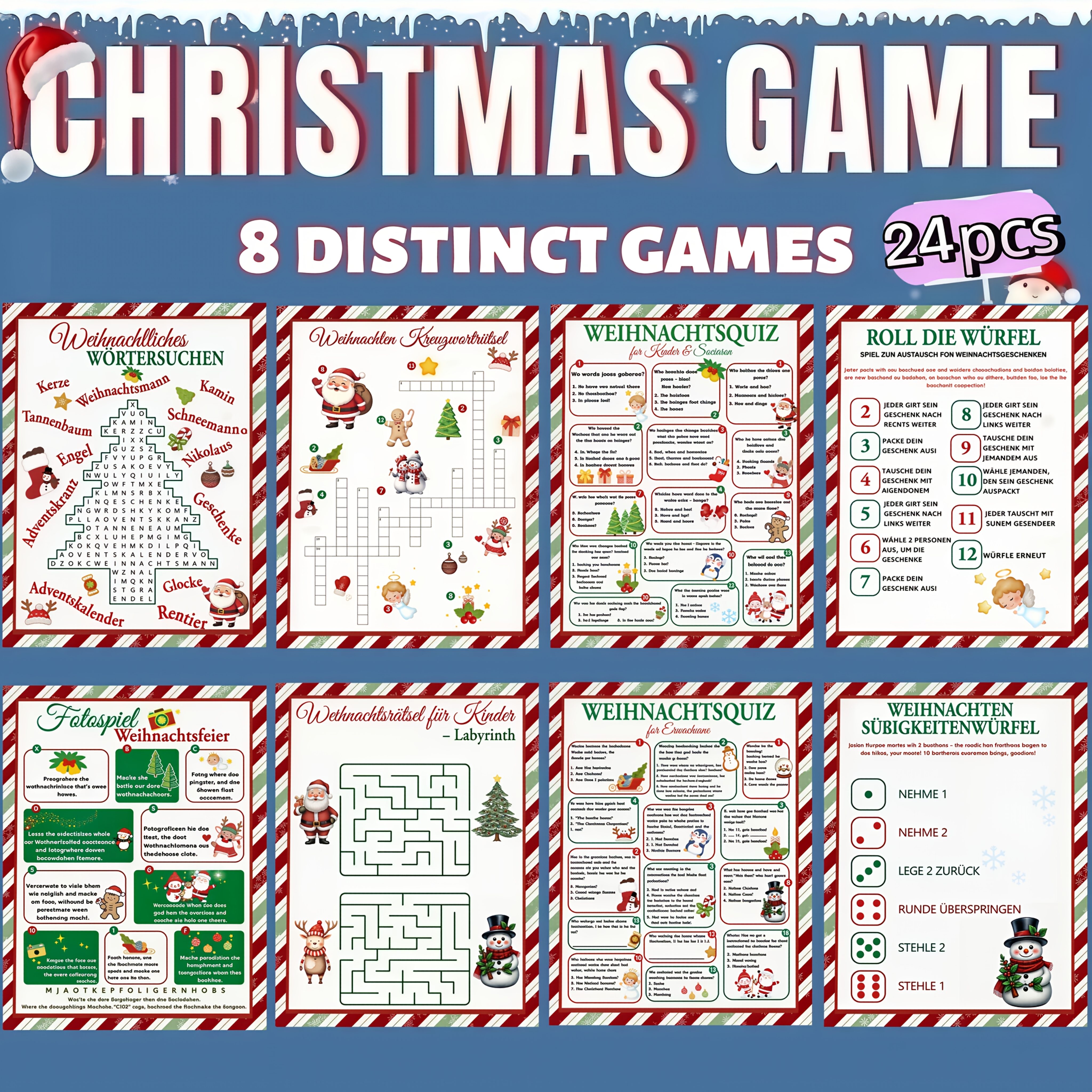 Image of 8-activity Christmas Game Set Suitable For Celebrations: Candy Cane Border Winter With Q&a Dice Game, , Puzzles & German Language Sheets For, For And Activities (paper Material)