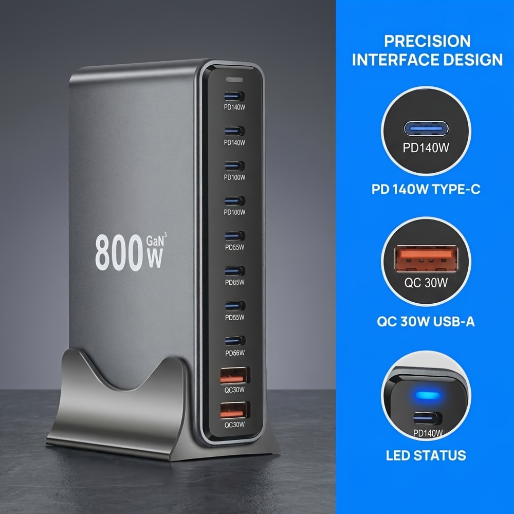 800W USB-C Gan Charger, 10-In-1 Charging Block, Dual 140W PD 65W PD PPS 2 * 30W USB Ports, Suitable for Various Electronic Devices, Laptops, Mobile Phone Chargers, Compatible with Macbook/Iphone 17/Ipad, Etc. Perfect Christmas Gift