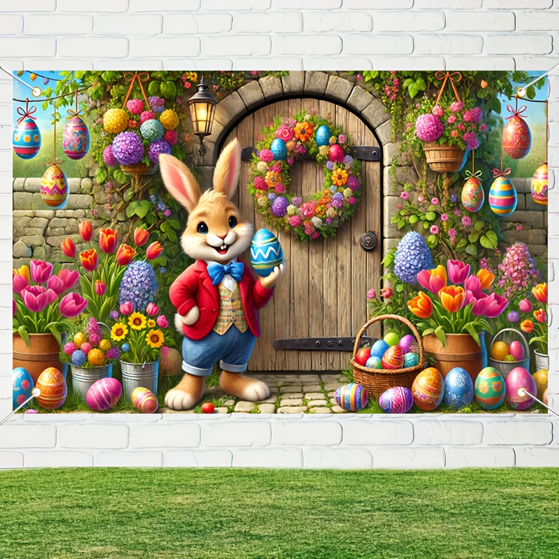 Image of 2d Flat, 1pc,2d Flateaster Bunny And Design Decorative Banner -70.87x43.31 Inches, Perfect For Indoor And Outdoor Decoration, Party Background And Photo Props, 2d Flat