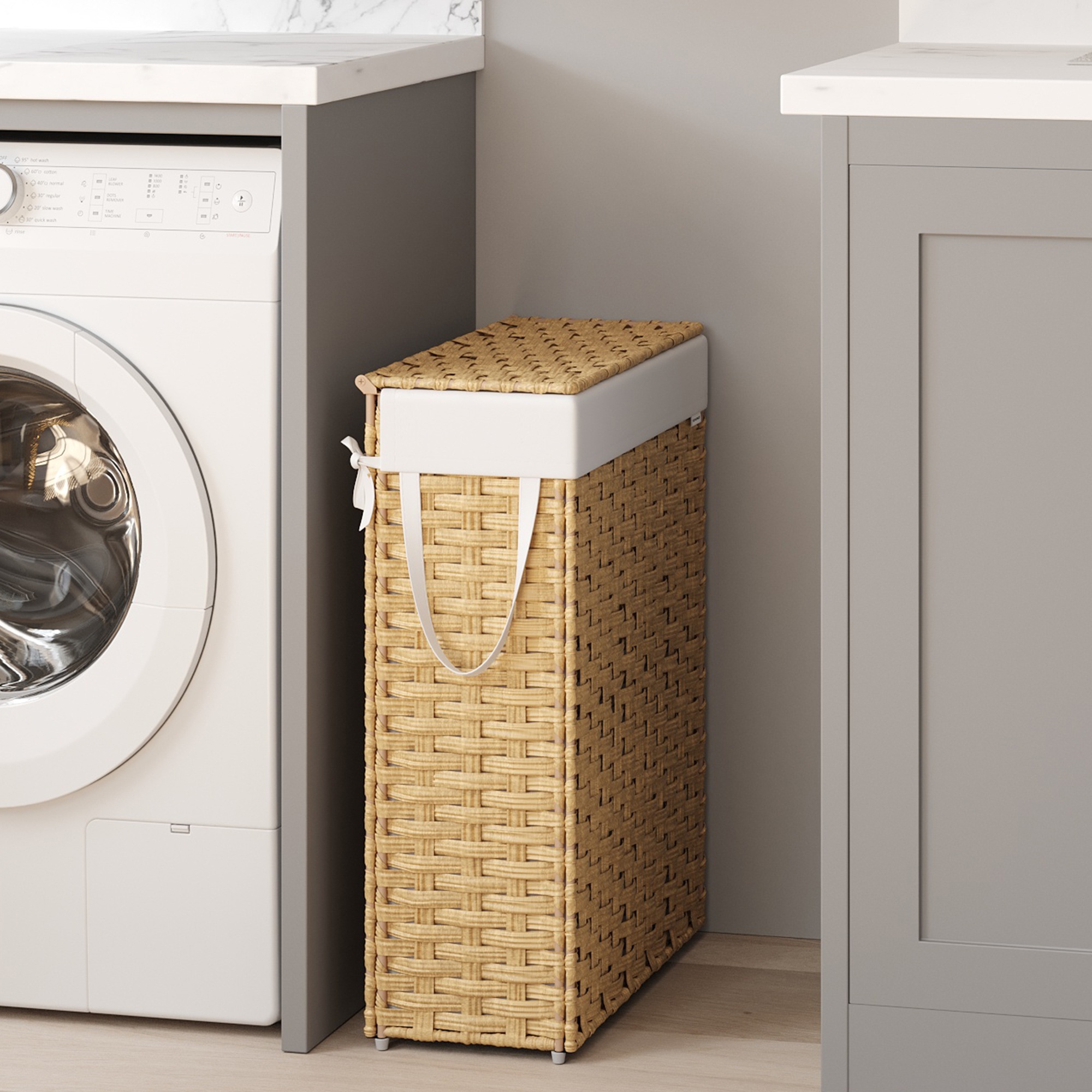 Image of Laundry Basket Slim, Laundry Collector 55 L, With Lid And Handles, Made Of Synthetic Rattan, Foldable, Removable Laundry Bag, Yellow, Shelf Baskets